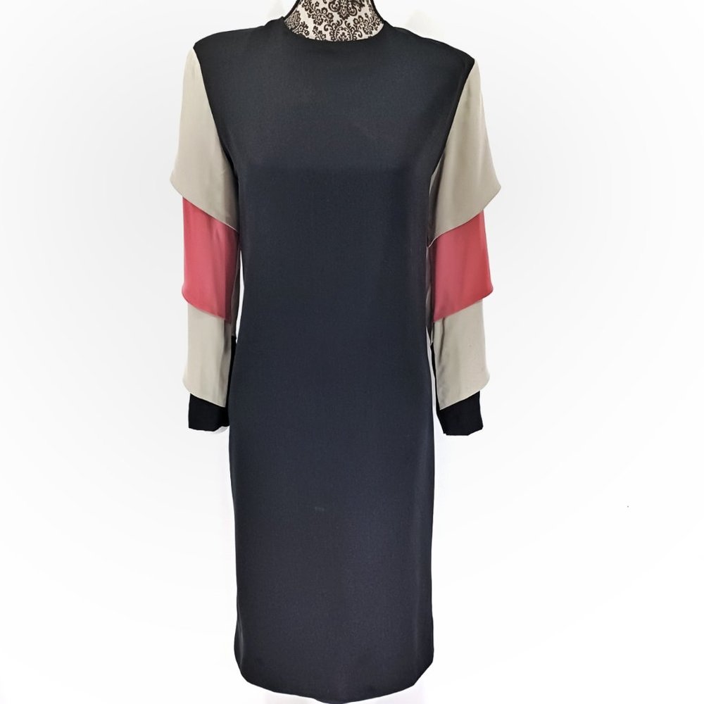 BABA Dress LS 3 Color Sleeve Silk Shift 8 - Picture 2 of 5